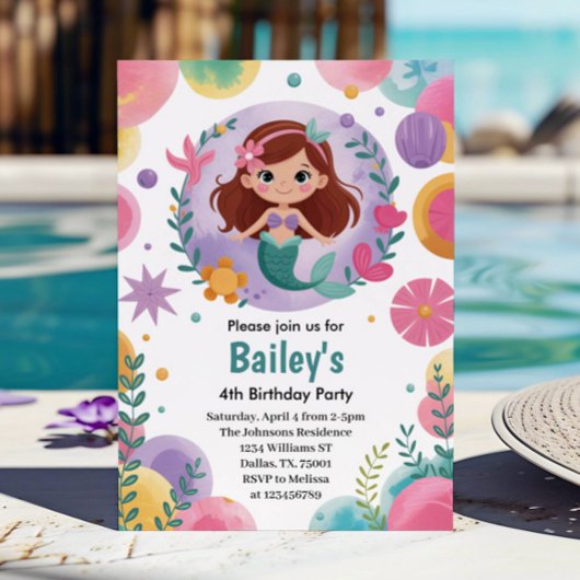 Invitation Purple Under the Sea Mermaid 4e anniversaire