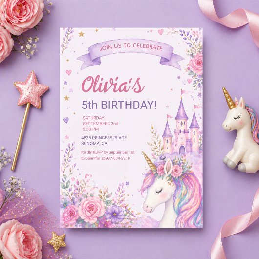 Invitation Purple Unicorn Girls 5th Birthday