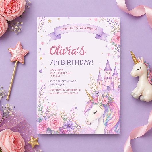 Invitation Purple Unicorn Girls 7th Birthday