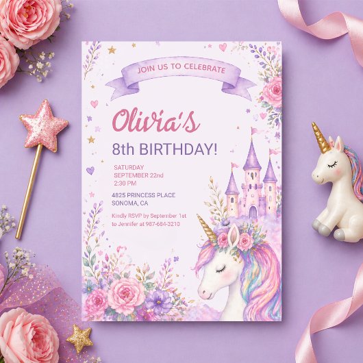 Invitation Purple Unicorn Girls 8th Birthday