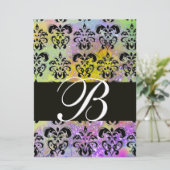Invitation PURPLE VERT JAUNE BLACK DAMASK MONOGRAM, blanc (Debout devant)
