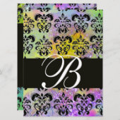 Invitation PURPLE VERT JAUNE BLACK DAMASK MONOGRAM, blanc (Devant / Derrière)