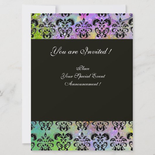 Invitation PURPLE VERT JAUNE BLACK DAMASK MONOGRAM, blanc (Dos)