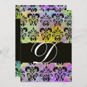 Invitation PURPLE VERT JAUNE BLACK DAMASK MONOGRAM, blanc (Devant / Derrière)