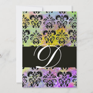 Invitation PURPLE VERT JAUNE BLACK DAMASK MONOGRAM, blanc
