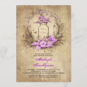 Invitation purple vintage à fleurs mason bocal baby shower ru