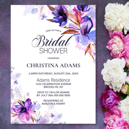 Invitation Purple Watercolor Floral Bridal Shower