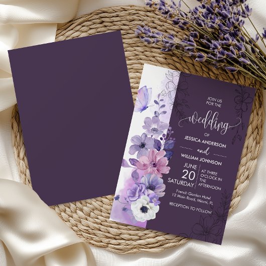 Invitation Purple Watercolor Floral Wedding