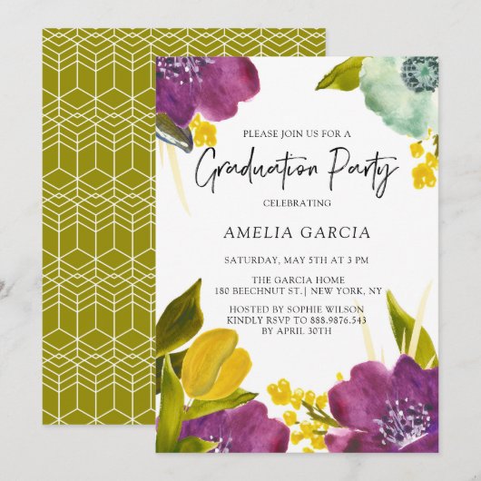 Invitation Purple Watercolor Flowers Graduation Party (Devant / Derrière)