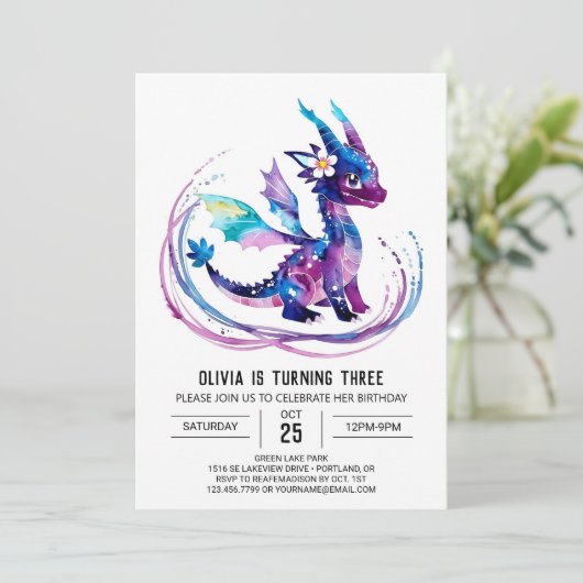 Invitation Purple Whimsical Dragon Digital Girl Anniversaire (Debout devant)