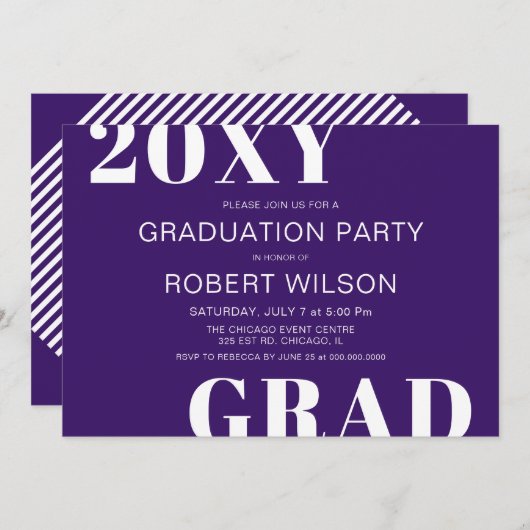 Invitation Purple White Bold Typographie Parti de graduation (Devant / Derrière)