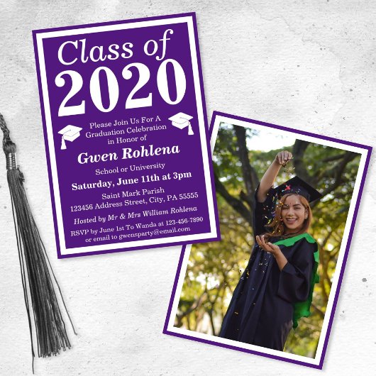Invitation Purple White Class of 2024 Graduation Photo
