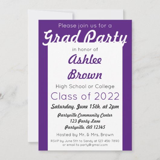 Invitation Purple White Grad Party Gras Graduation (Devant)