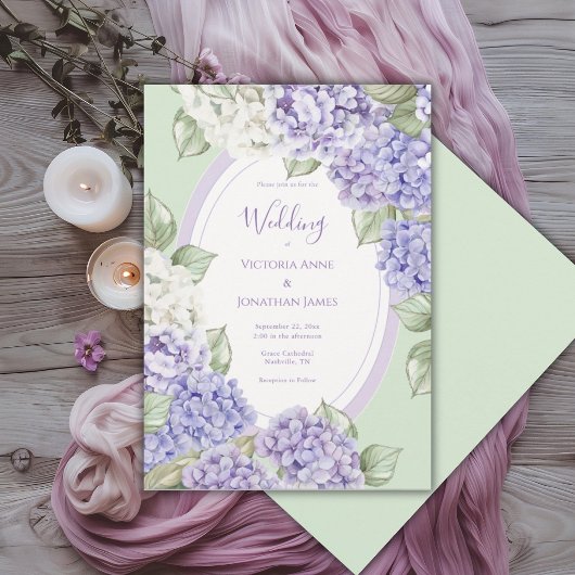 Invitation Purple White Hydrangeas Floral Green Wedding