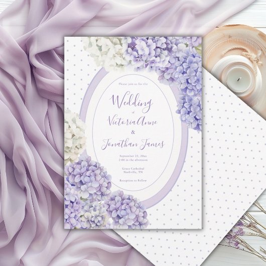 Invitation Purple White Hydrangeas Polkadot Wedding