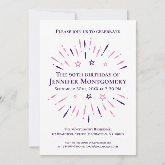 Invitation Purple White Pink 90e fête d'anniversaire feux d'a (Devant)