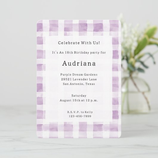 Invitation Purple White Plaid Stripes Birthday (Debout devant)