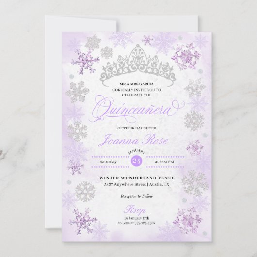 Invitation Purple Winter Wonderland Snowflake Quinceanera (Devant)