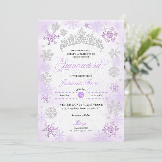 Invitation Purple Winter Wonderland Snowflake Quinceanera (Debout devant)