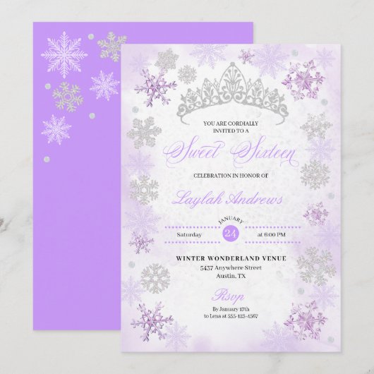 Invitation Purple Winter Wonderland Snowflake Sweet 16 (Devant / Derrière)