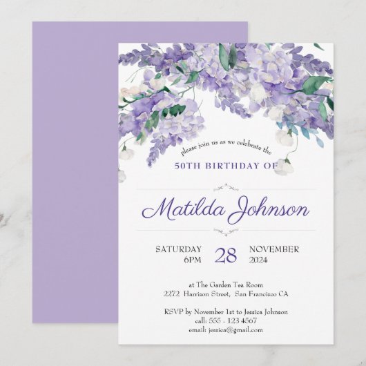 Invitation Purple Wisteria Floral Botanical 50e anniversaire (Devant / Derrière)