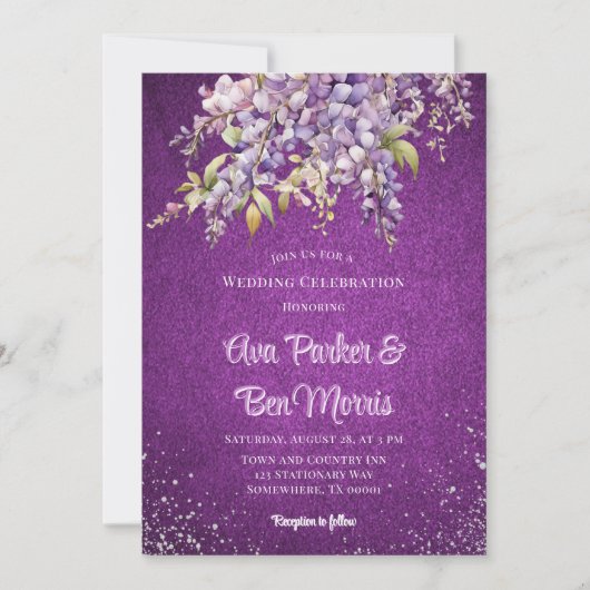 Invitation Purple Wisteria Silver Parties scintillant Mariage (Devant)