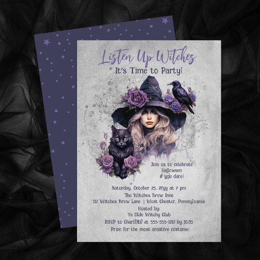 Invitation Purple Witch Cat et Raven Halloween Party