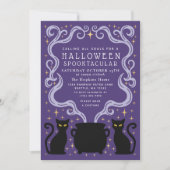 Invitation Purple Witchy Black Cat Cauldron Halloween Party (Devant)