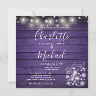Invitation Purple Wood String Lumières Mason Jar Photo Mariag