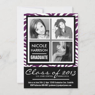 Invitation Purple Zebra 3 Photo Graduation noir et blanc