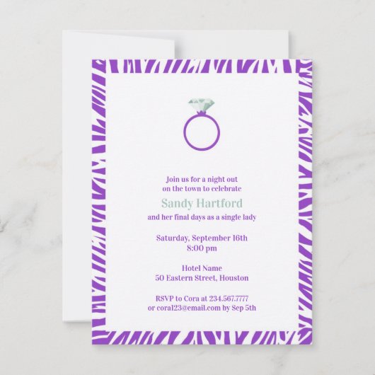 Invitation Purple Zebra Bachelorette Party Appartement Invita (Devant)