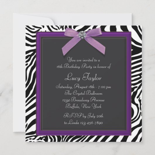 Invitation Purple Zebra fête d'anniversaire (Dos)