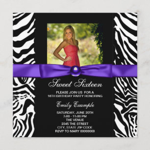 Invitation Purple Zebra Photo Sweet 16 Party