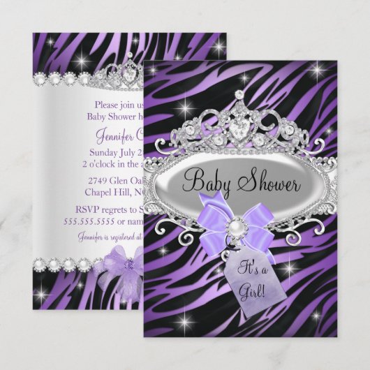 Invitation Purple Zebra Print & Princess Tiara Baby shower (Devant / Derrière)