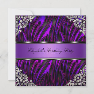 Invitation Purple Zebra Silver Floral fête d'anniversaire