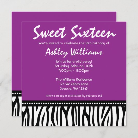Invitation Purple Zebra Sweet 16 (Devant / Derrière)