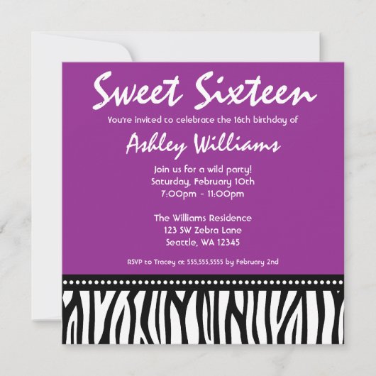 Invitation Purple Zebra Sweet 16 (Devant)