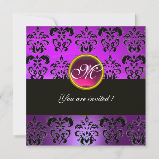 Invitation PURPRE FUCHSIA NOIR DAMAS MONOGRAMME, améthyste ro (Devant)
