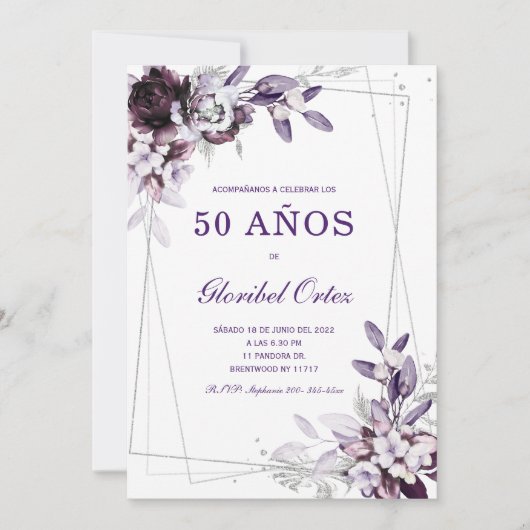 Invitation Púrpura y Lavanda Plata 50 cumpleaños plantilla de (Devant)