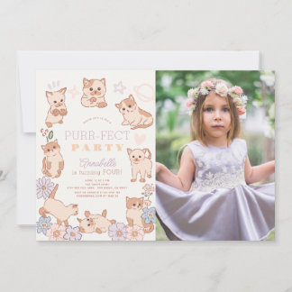 Invitation Purr-fect Party Chats Floral Girl Birthday Photo