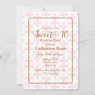 Invitation Puzzle à carreaux rose et blanc Gold Sweet 16