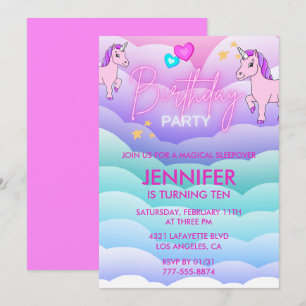 Invitation Pyjama Licorne 10ème Anniversaire Rose