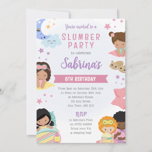 Invitation Pyjama Party Filles Oreillers  (Devant)