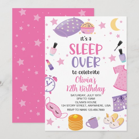 Invitation Pyjama party rose violet préado (Devant / Derrière)