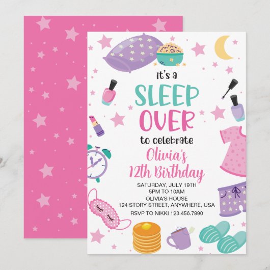 Invitation Pyjama party rose violet préado (Devant / Derrière)