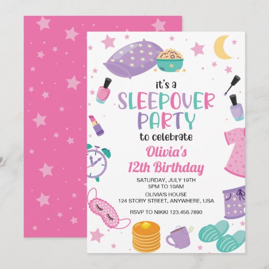 Invitation Pyjama party rose violet préado (Devant / Derrière)