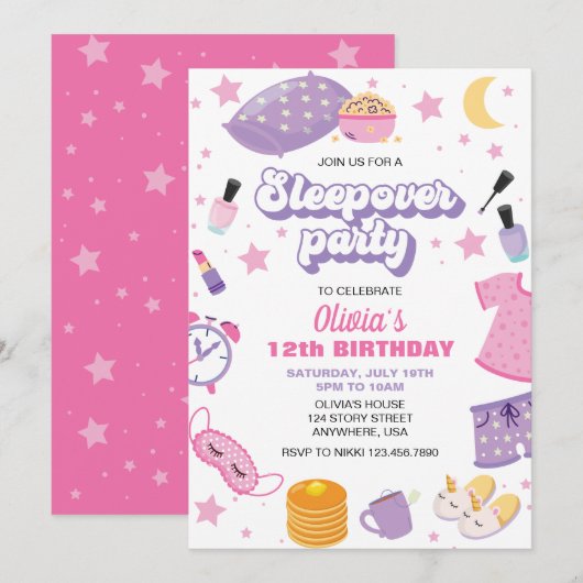 Invitation Pyjama party rose violet préado (Devant / Derrière)