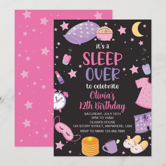 Invitation Pyjama party rose violet préado (Devant / Derrière)