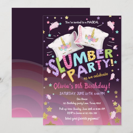 Invitation Pyjamas de la fête du bois Sleepover licorne magiq (Devant / Derrière)