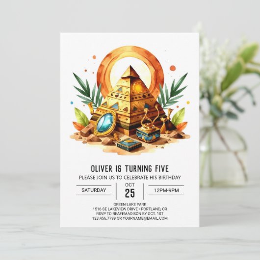 Invitation Pyramides Boho en or égyptien Anniversaire (Debout devant)